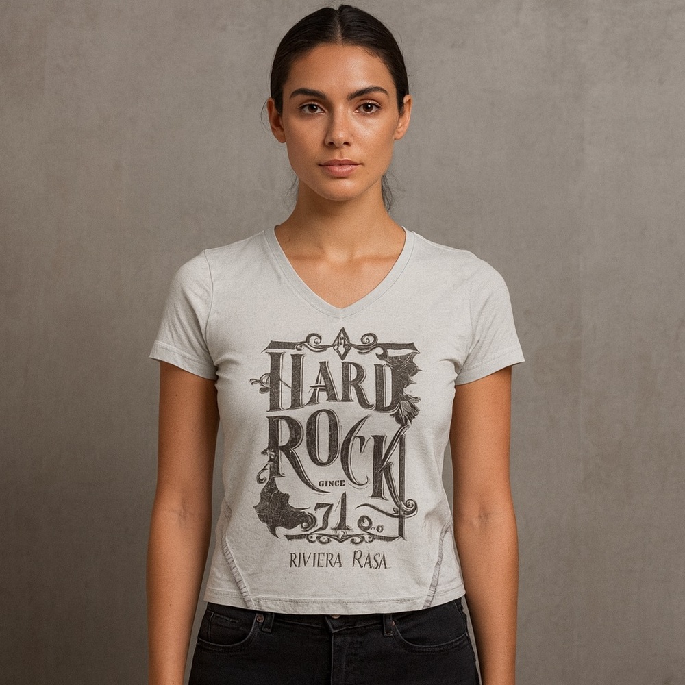 Hard‎ Rock Cafe Riviera Maya Women's Gray V-Neck T-Shirt S Criss Cross Sleeves S